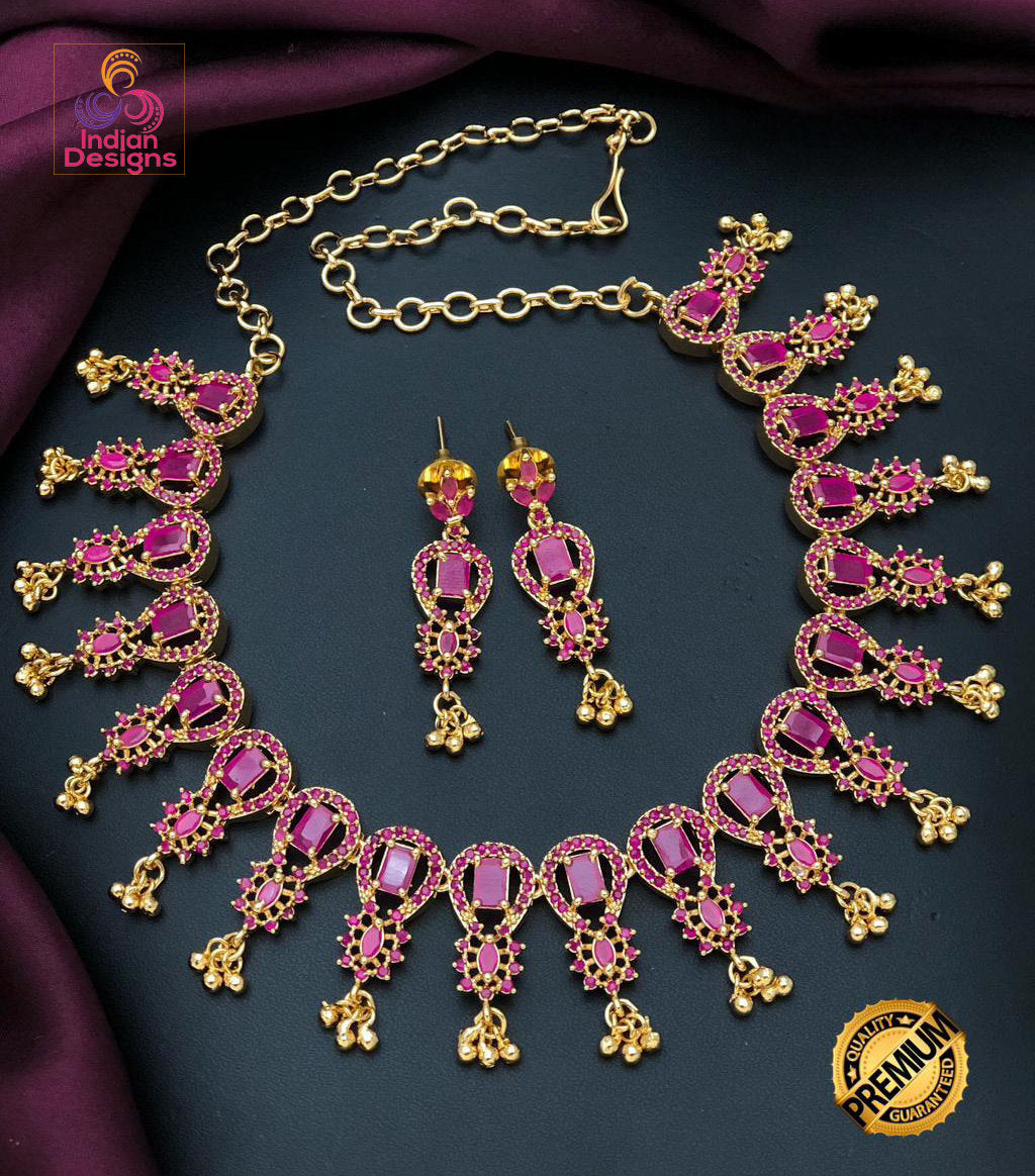 Gold Plated American Diamond Dainty Necklace and Earrings| Emerald Ruby CZ Diamond choker| Indian jewelry Statement Necklace| Gift for her