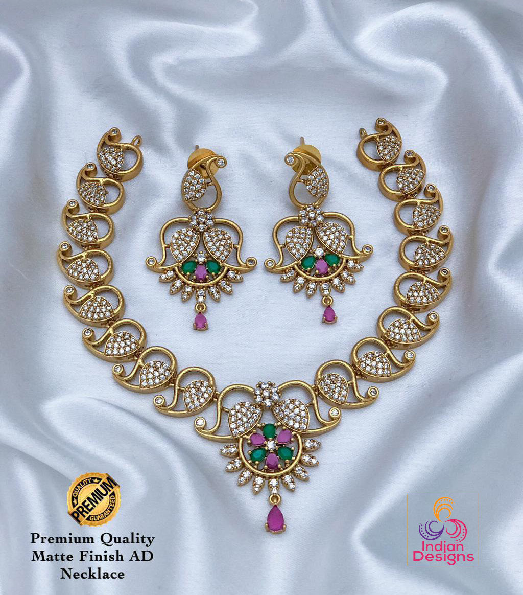 Traditional south Indian style Choker Necklace and Earrings Set with Ruby and Emerald Accents | Indian Temple jewelry designs | Gift for her