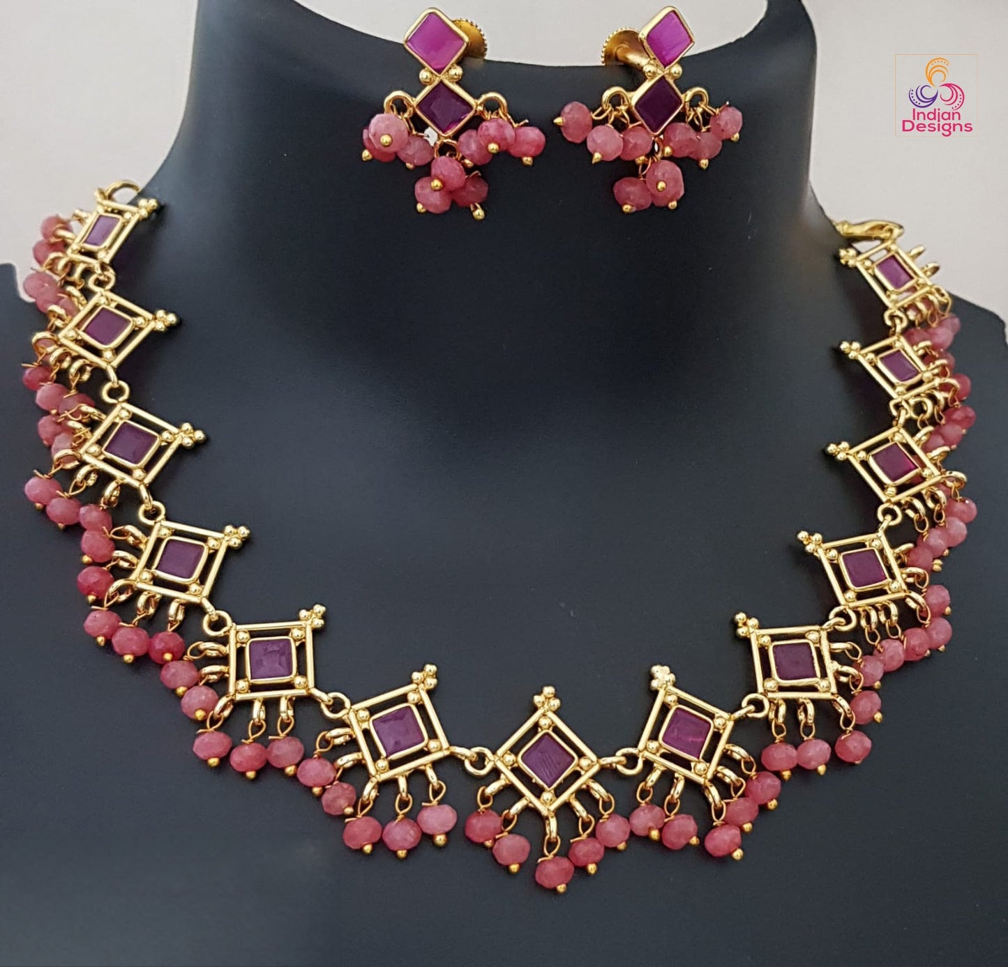 Elegant Purple Beads Gold-Tone Crystal Necklace and Earrings Set| American Diamond Statement Necklace|Indian Wedding Jewelry |Gift for her