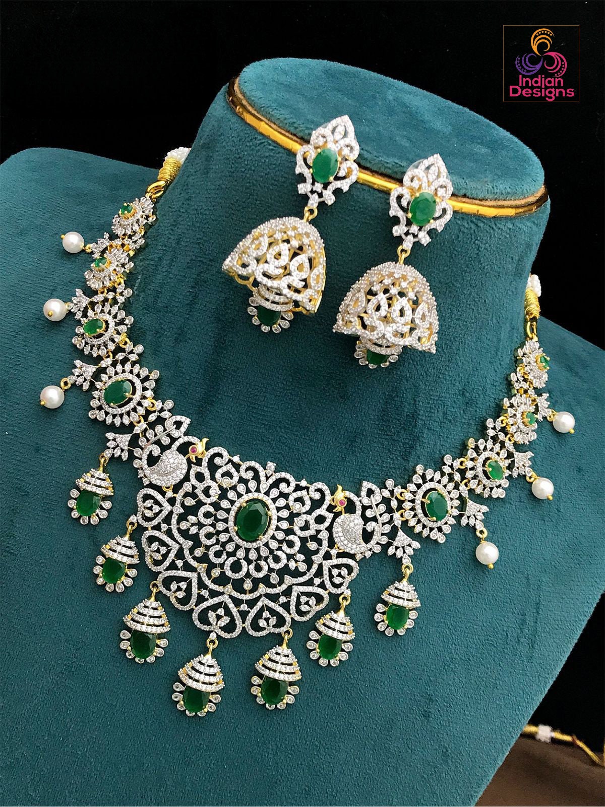 Stunning American Diamond Bridal Choker Jhumka Set with Ruby Stones| Indian Wedding statement Necklace|Ganga Jamuna Emerald stone Choker set
