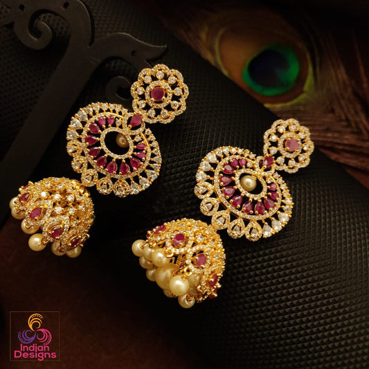 Traditional Gold Jhumka Indian Earrings |American Diamond Ruby stone Floral Designs Pearl drops Long Earrings|South Indian Wedding earrings