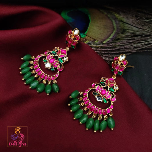 Jadau Kundan Chandbali Earrings Gold Polish| Indian Wedding Earrings| Pink & Green Kemp stone Jhumka jhumki| Lotus design gold earrings