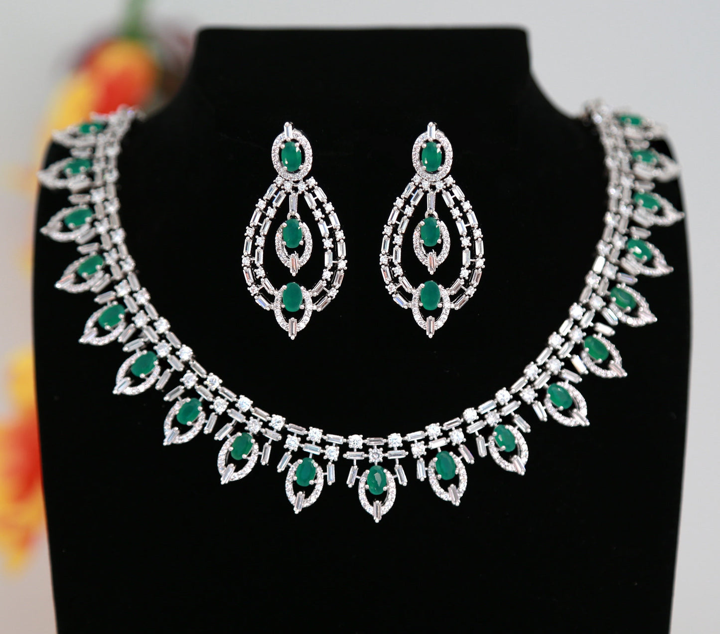 Silver Plated Emerald Crystal necklace | American diamond bridal necklace set |Bollywood Indian Pakistani AD necklace design |wedding set