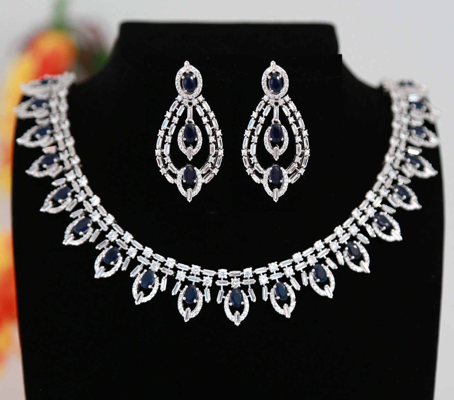 Silver Plated Emerald Crystal necklace | American diamond bridal necklace set |Bollywood Indian Pakistani AD necklace design |wedding set