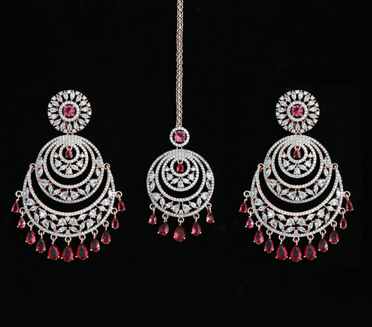 Rose Gold American Diamond Chandbali Earrings Mang tikka set| Indian Bollywood style CZ Earrings Maang Tikka Combo Set| Wedding Gift for her