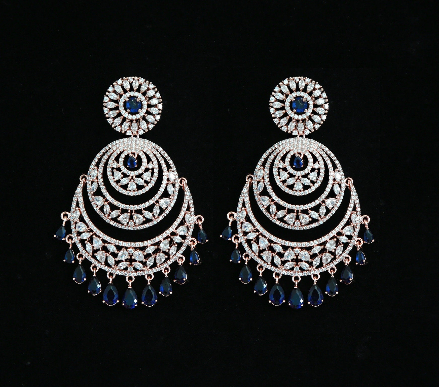 Rose Gold American Diamond Chandbali Earrings Mang tikka set| Indian Bollywood style CZ Earrings Maang Tikka Combo Set| Wedding Gift for her