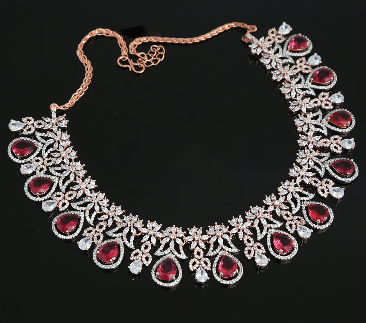 Super Deal! - Rose Gold American Diamond Crimson TearDrop and Floral Crystal necklace| Wedding Necklace jewelry| Indian Bollywood jewelry