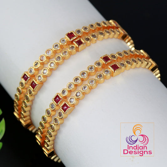 2.8 Size Gold plated American diamond Ruby stone bangles Low price Set of 4 bangles| South Indian bangles| Daily use bangles | Gift for her