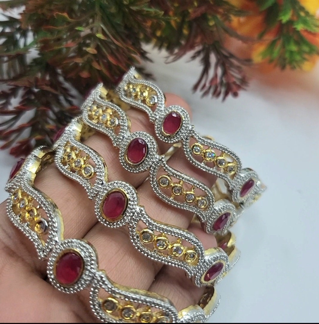 Cz diamond bangles, Ruby stone Gold plated bracelet jewelry | American diamond gold polish bangle bracelet | Indian designs Crystal bangles