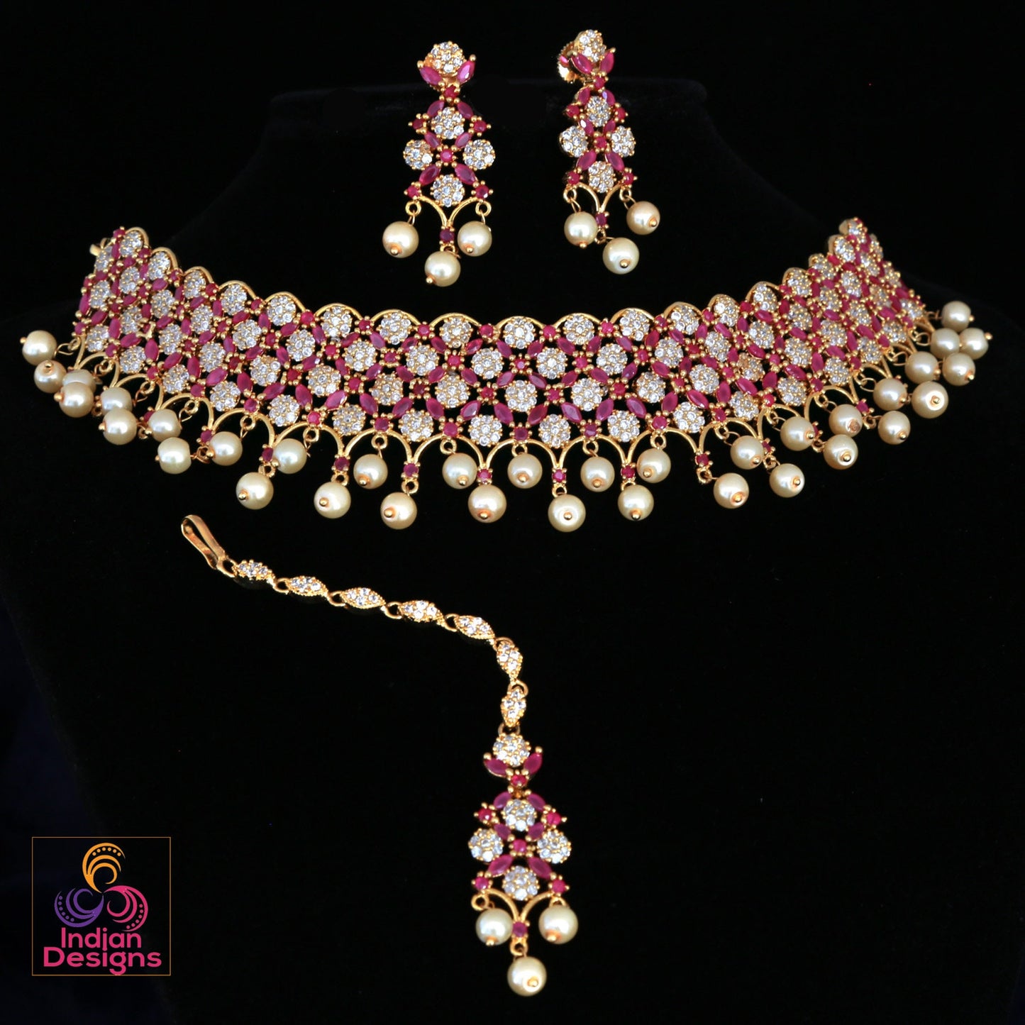 Luxurious Pink Ruby and Pearl Bridal Jewelry Set with Earrings and Maang Tikka
