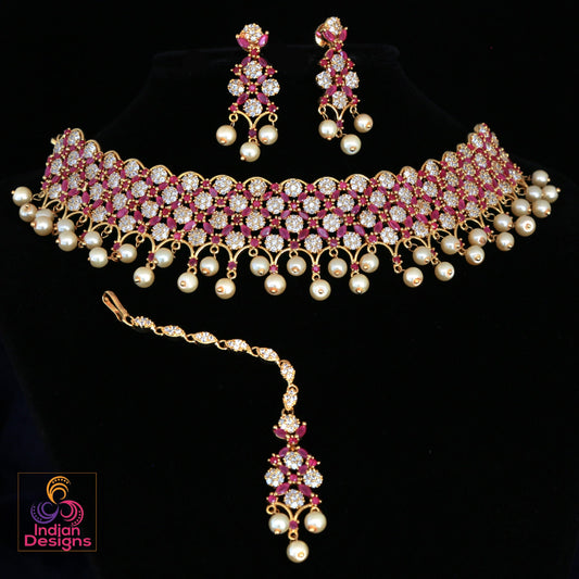 Luxurious Pink Ruby and Pearl Bridal Jewelry Set with Earrings and Maang Tikka
