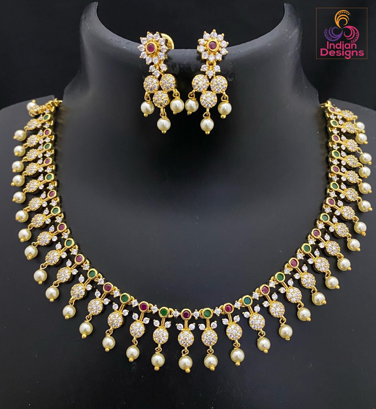 Gold Plated American diamond necklace set with Pearl Drop| Trendy South Indian style Fashion Jewelry| One gram gold CZ AD necklace Earrings