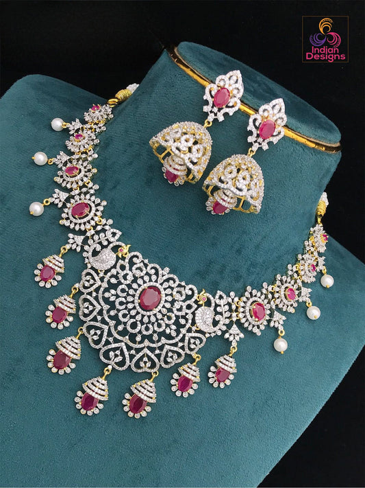 Stunning American Diamond Bridal Choker Jhumka Set with Ruby Stones| Indian Wedding statement Necklace|Ganga Jamuna Emerald stone Choker set