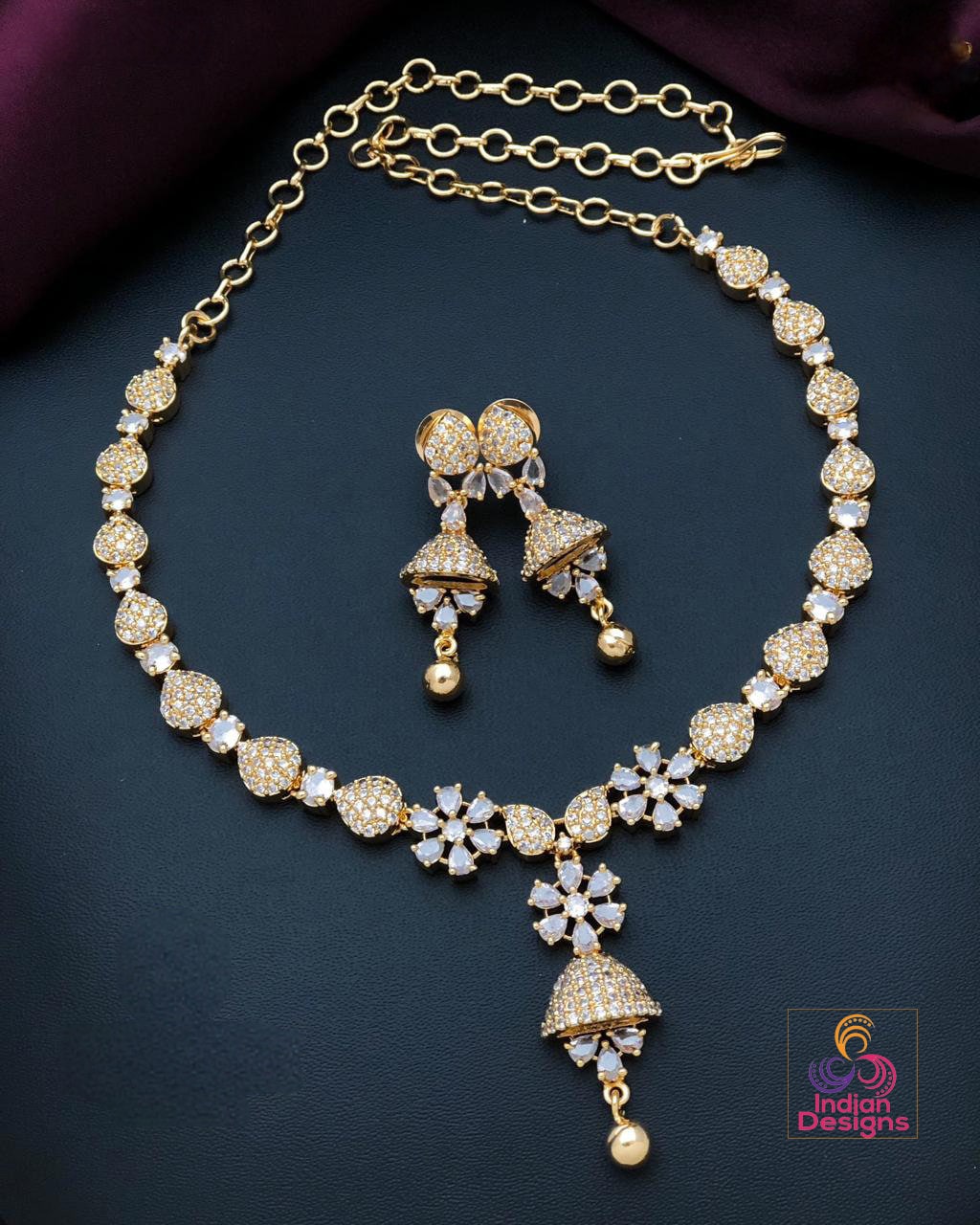 Elegant and Small Gold plated American Diamond Choker Earring set | CZ Diamond Dainty necklace Earring set| Gift for her |Indian jewelry