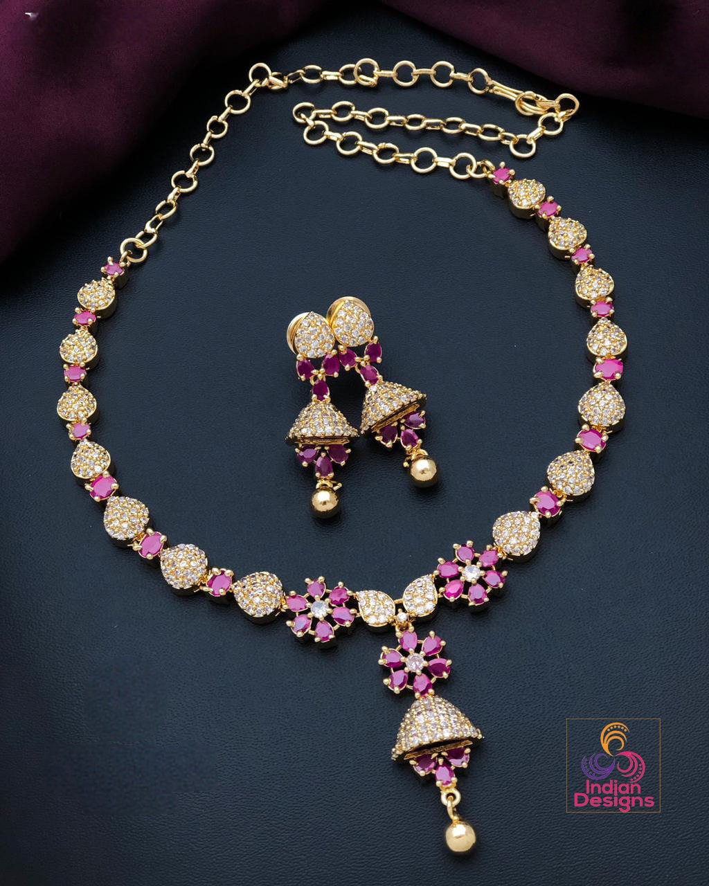 Elegant and Small Gold plated American Diamond Choker Earring set | CZ Diamond Dainty necklace Earring set| Gift for her |Indian jewelry