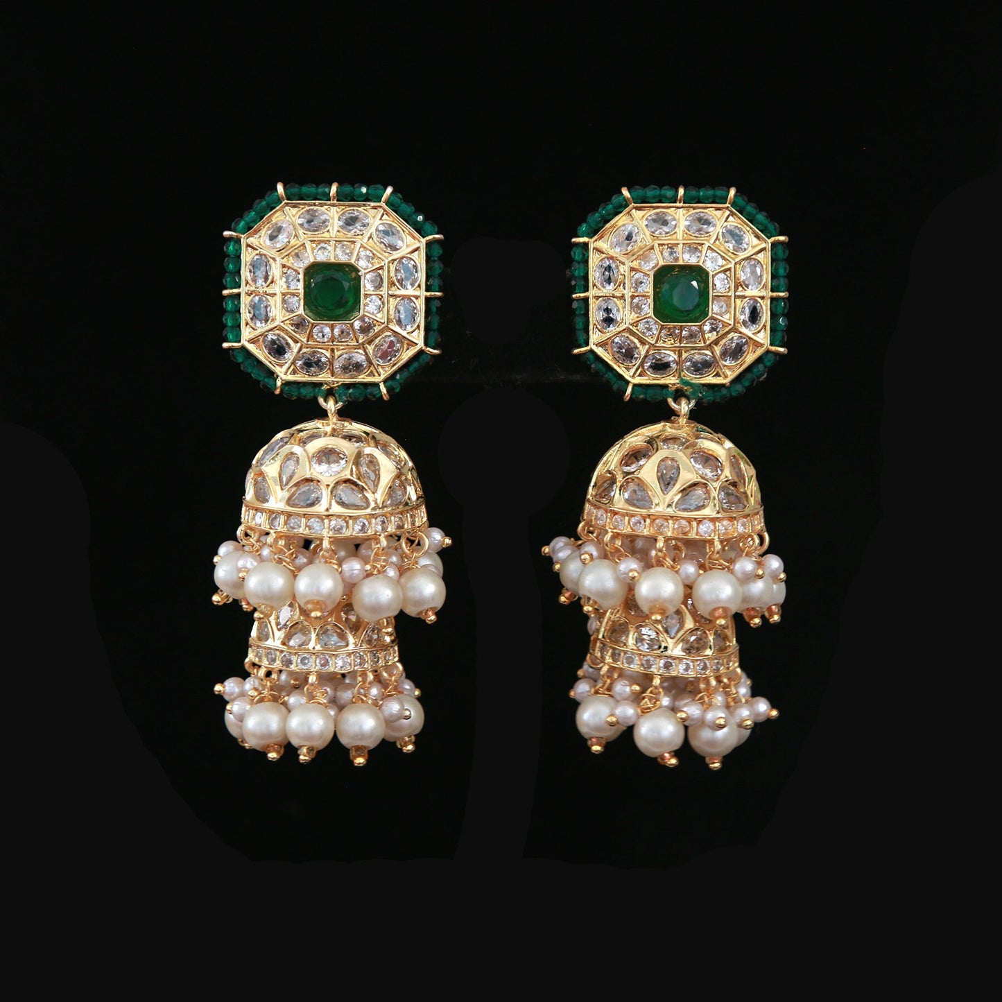 Gold Plated Green Color Kundan Jhumka Earrings| Polki Two Step jhumka Jhumki| South Indian style Wedding jewelry Earrings |Gift for her
