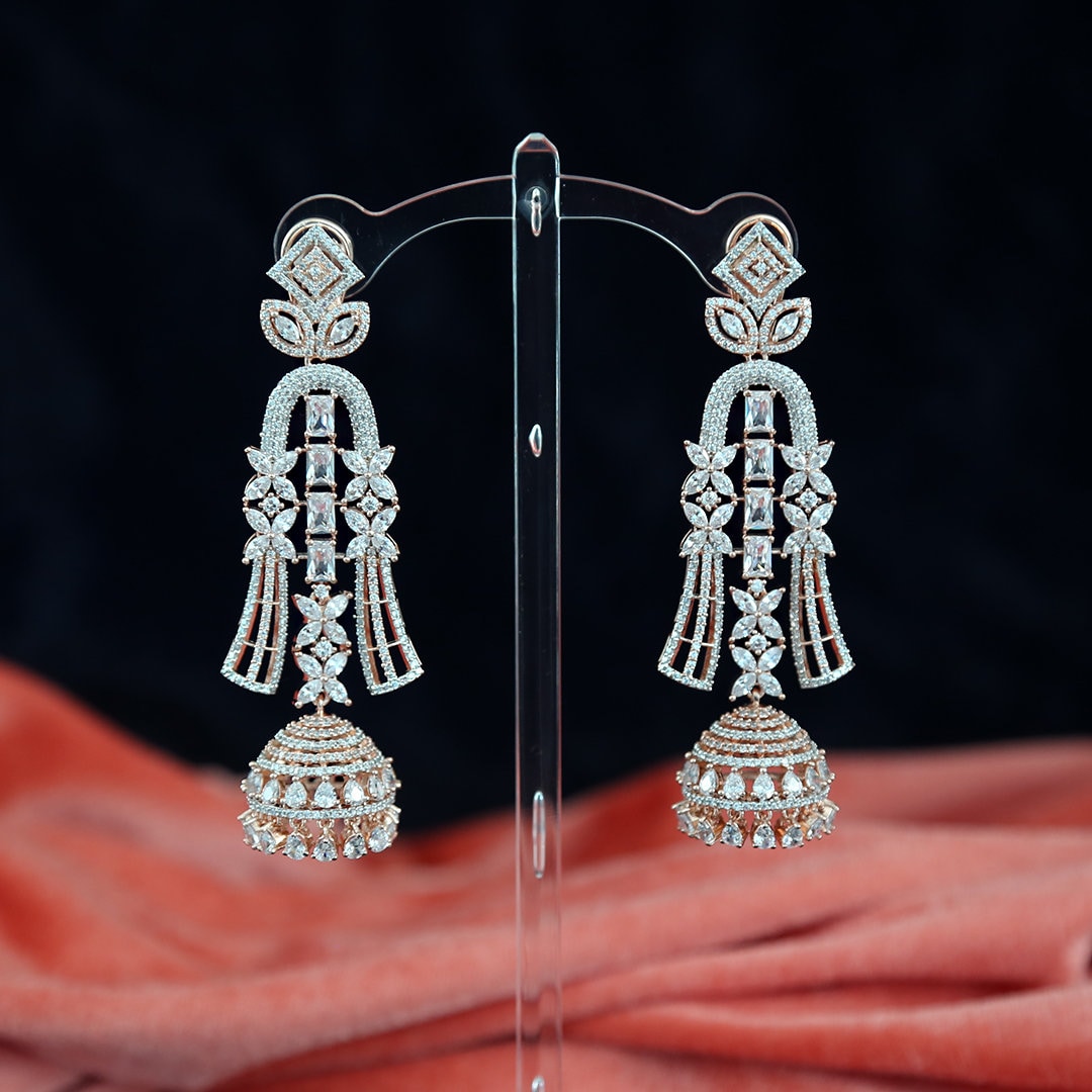 Rose Gold Cubic Zirconia Indian Jewelry Jhumka Earrings | Jhumka earrings online USA | Indian Jhumka | Punjabi Jhumka | Pakistani Earrings