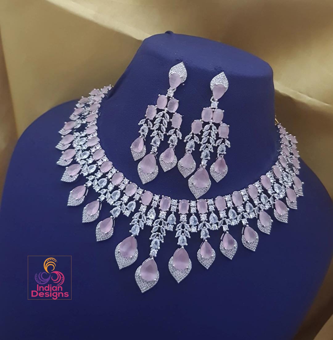 Silver American Diamond necklace Earring set| Statement necklace| Cz Crystal Wedding jewelry| Indian Bollywood Style Jewelry| Gift for her