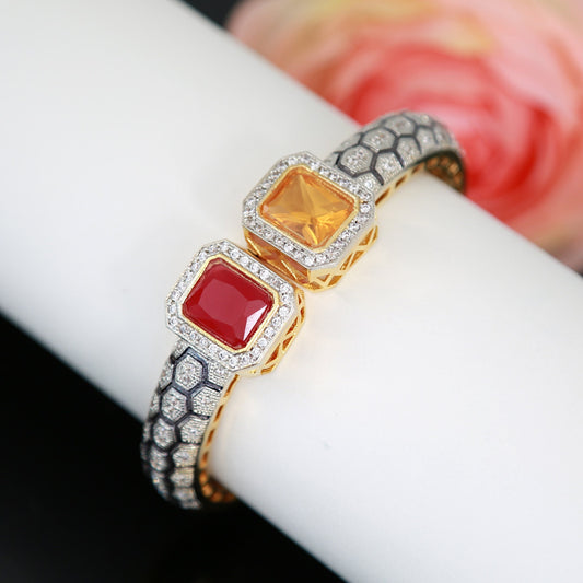 Openable American Diamond kada bangle | Indian Designs Stylish CZ AD bracelet | Gold Plated Trendy Sapphire Orange stone bangle bracelet
