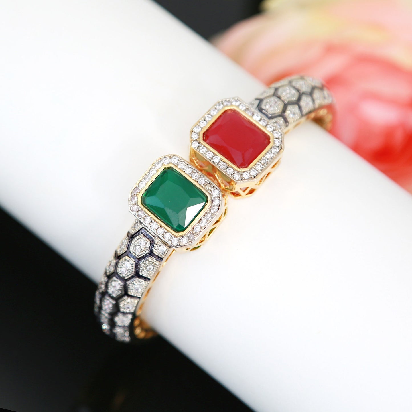 Openable American Diamond kada bangle | Indian Designs Stylish CZ AD bracelet | Gold Plated Trendy Sapphire Orange stone bangle bracelet
