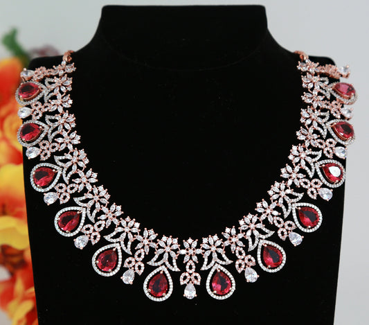 Super Deal! - Rose Gold American Diamond Crimson TearDrop and Floral Crystal necklace| Wedding Necklace jewelry| Indian Bollywood jewelry
