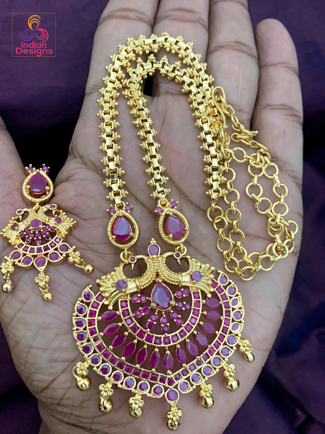 Traditional Indian Gold Plated Peacock Pendant Necklace Set with Multicolor Gemstones - Ethnic South Indian Jewelry for Weddings & Festivals