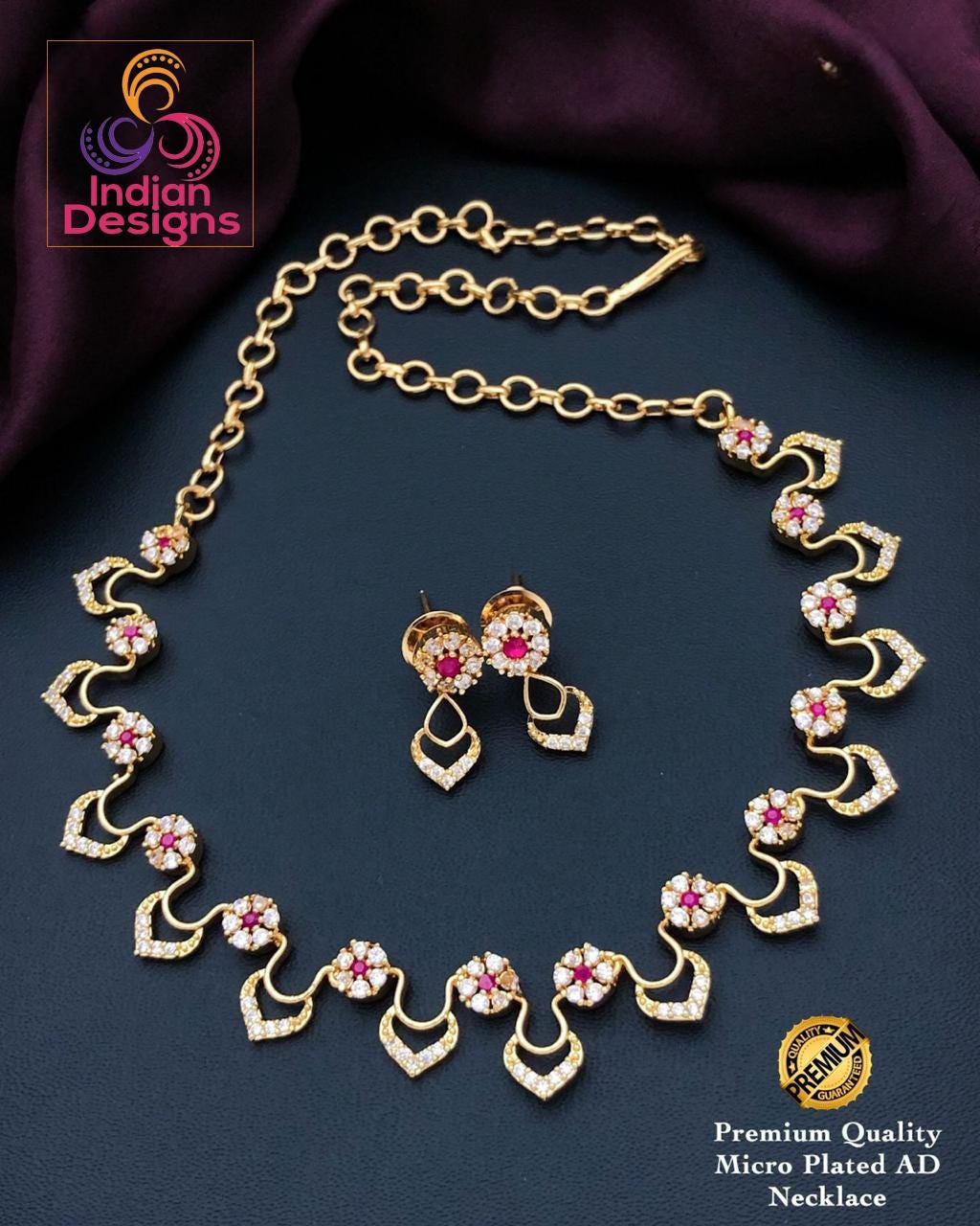 Gold-Plated American diamond necklace set with earrings| Floral Design CZ Choker necklace| Indian jewelry store online |South Indian style