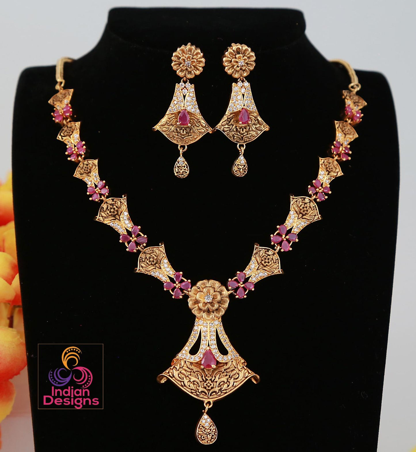 Floral Designer Necklace Earring Set with Green and Ruby Stones| Indian jewelry| American Diamond matte Finish Gold Necklace| Gift for her
