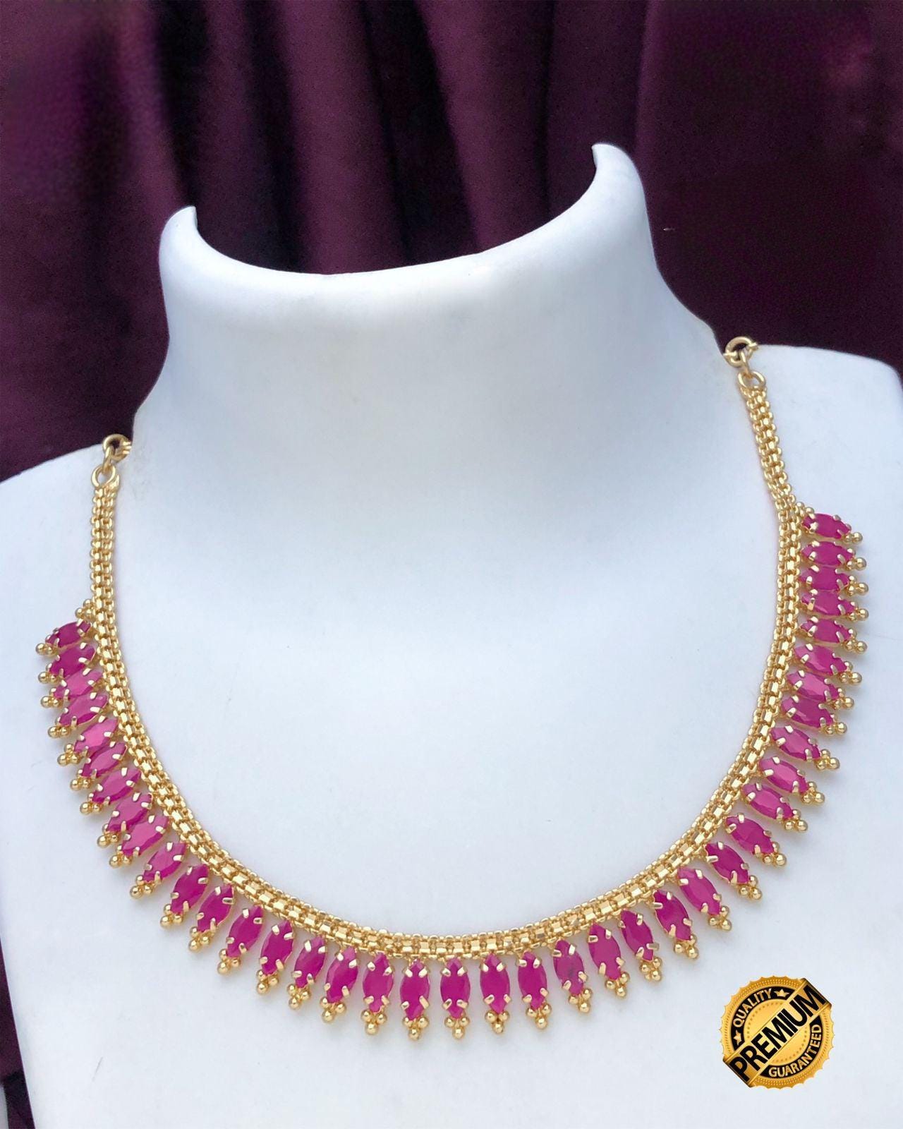 Emerald Ruby marquise cut CZ Diamond Gold plated simple choker necklace|American diamond cute and small necklace set |Unique Design jewelry