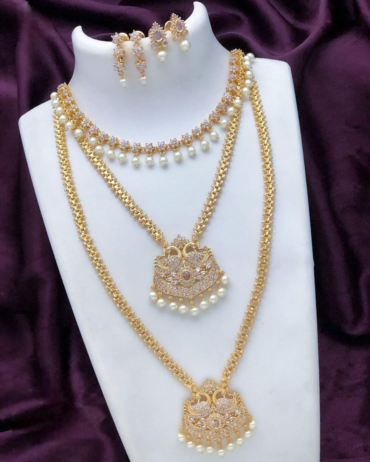 Gold Plated American Diamond CZ Haram Long & short necklace combo, South Indian Wedding Jewelry set, Bollywood fashion Jewelry, Gift for Her