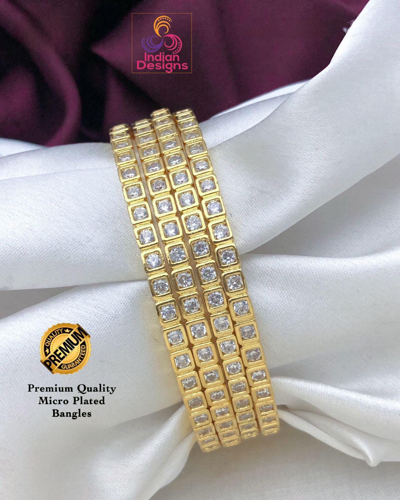 White stone American diamond bangles set Gold polish|Indian Bridal Bangle set of 4|Clear White Cz bangles | Daily wear one gram gold bangles