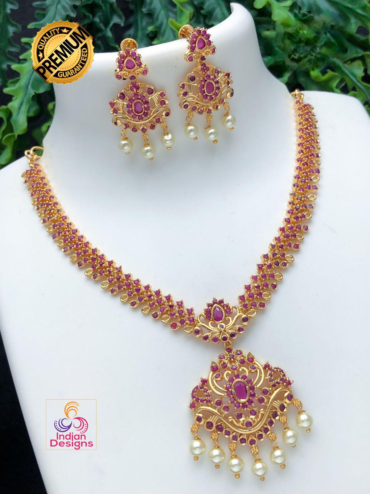 Gold-Plated Indian Necklace Set with Emerald, Ruby Stones & Pearls| Elegant Wedding Necklace with Matching Earrings| Statement Bridal Set