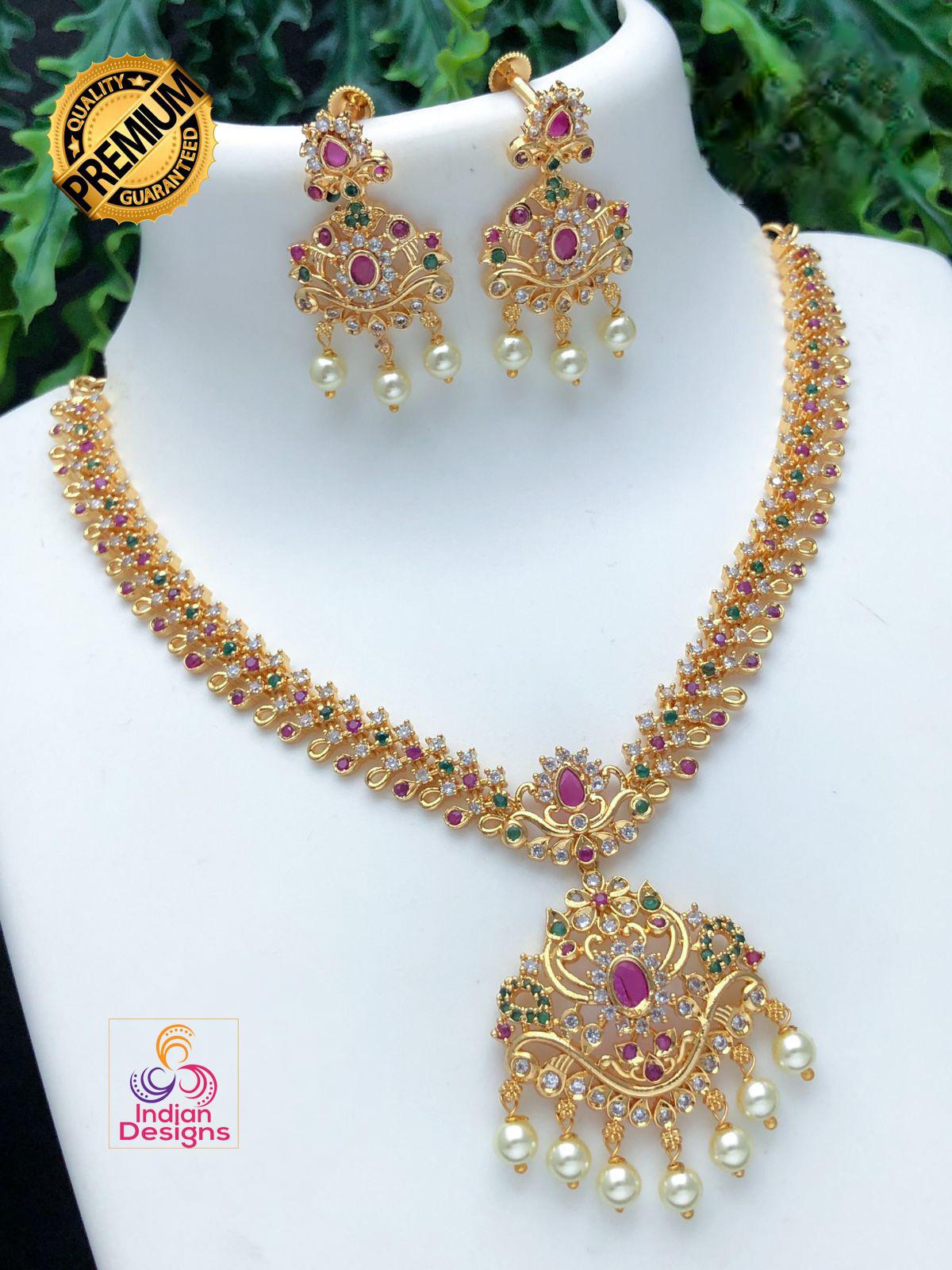 Gold-Plated Indian Necklace Set with Emerald, Ruby Stones & Pearls| Elegant Wedding Necklace with Matching Earrings| Statement Bridal Set
