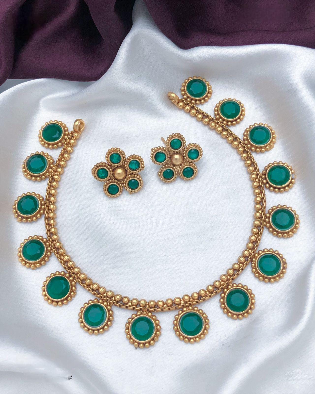 Traditional Gold-Plated Necklace Set with Red and Green Stones| Indian Temple Jewelry| Elegant Wedding Necklace with Matching Earrings