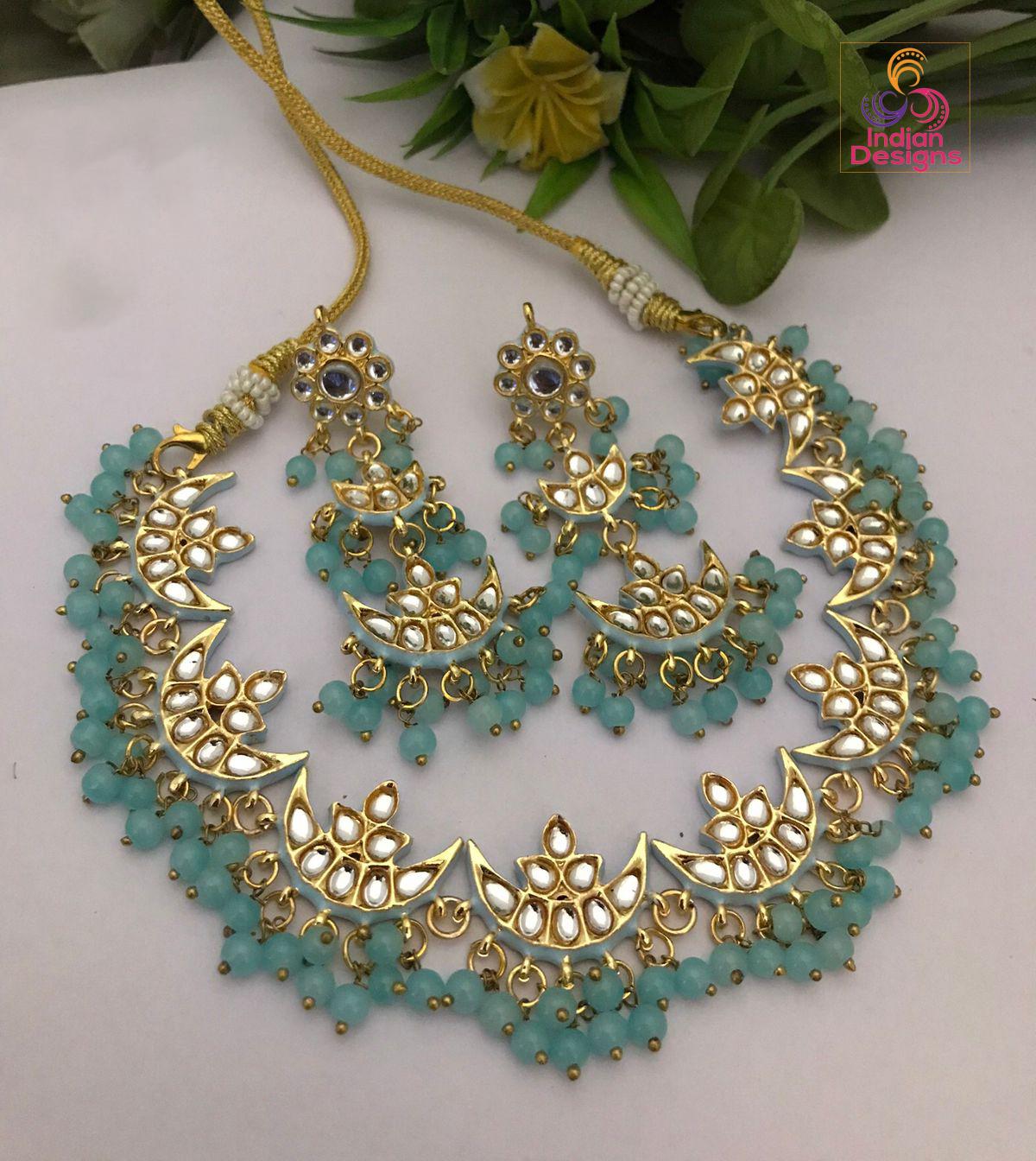 Kundan Necklace Set with Crescent Moon Design and Pearl Beads| Victorian Polki Choker Necklace set| Indian?Pakistani Jewelry| Gift for her