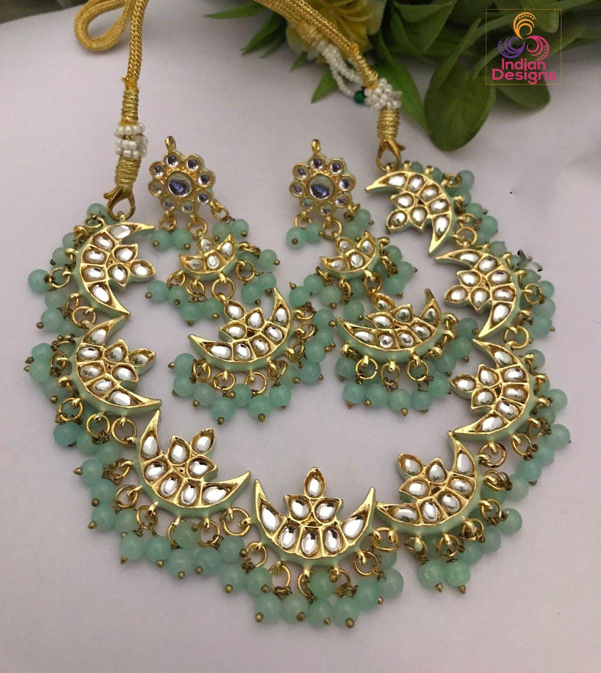 Kundan Necklace Set with Crescent Moon Design and Pearl Beads| Victorian Polki Choker Necklace set| Indian?Pakistani Jewelry| Gift for her