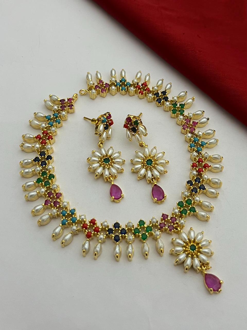 Gold Plated Pearl and Turquoise Floral Necklace Set| Statement Jewelry| Designer Necklace & Earrings for Wedding| Freshwater pearl necklace