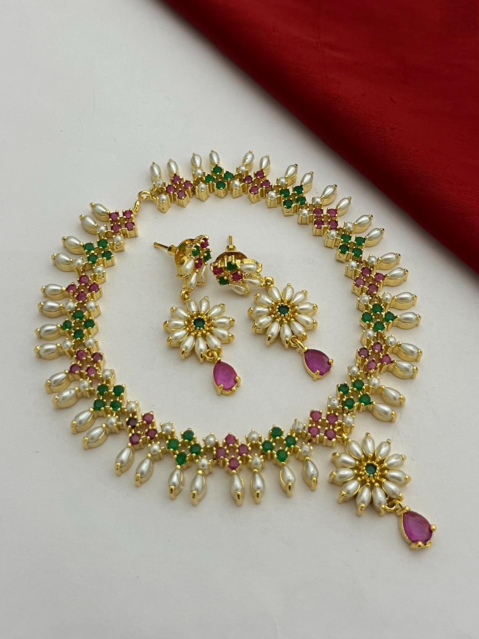 Gold Plated Pearl and Turquoise Floral Necklace Set| Statement Jewelry| Designer Necklace & Earrings for Wedding| Freshwater pearl necklace