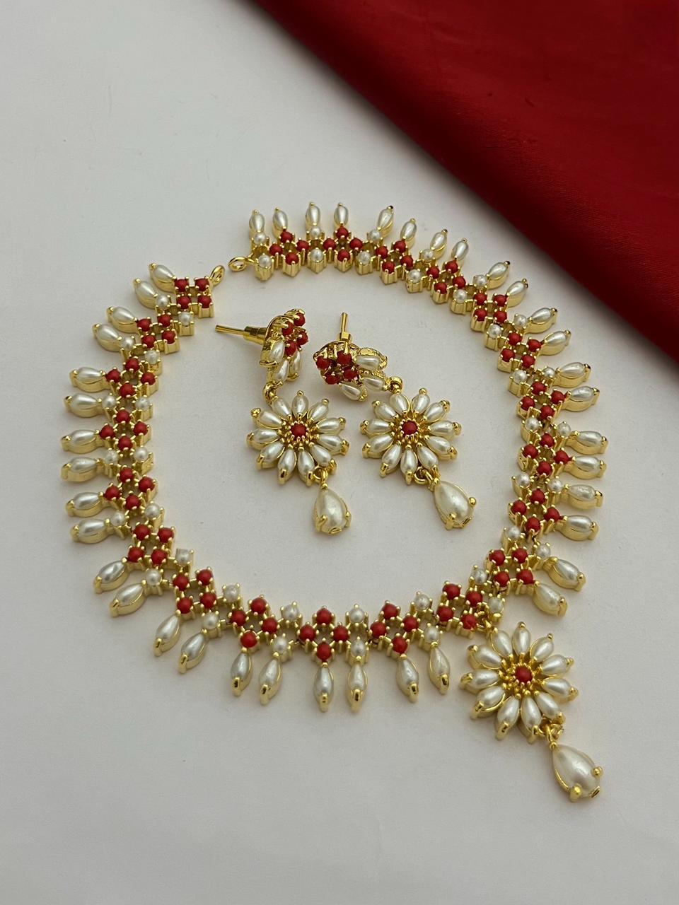 Gold Plated Pearl and Turquoise Floral Necklace Set| Statement Jewelry| Designer Necklace & Earrings for Wedding| Freshwater pearl necklace