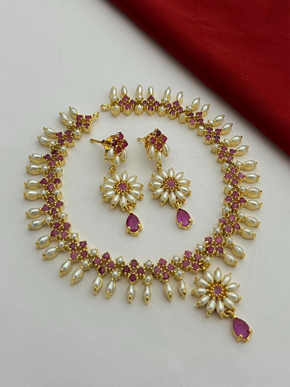 Gold Plated Pearl and Turquoise Floral Necklace Set| Statement Jewelry| Designer Necklace & Earrings for Wedding| Freshwater pearl necklace