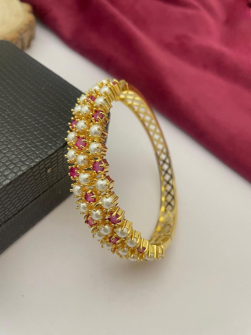 Multicolor Stone and Pearl Gold Plated Bangle Bracelet| Cuff Bracelet for Weddings| Gold Plated Real Pearl Bracelet with Ruby Emerald stone