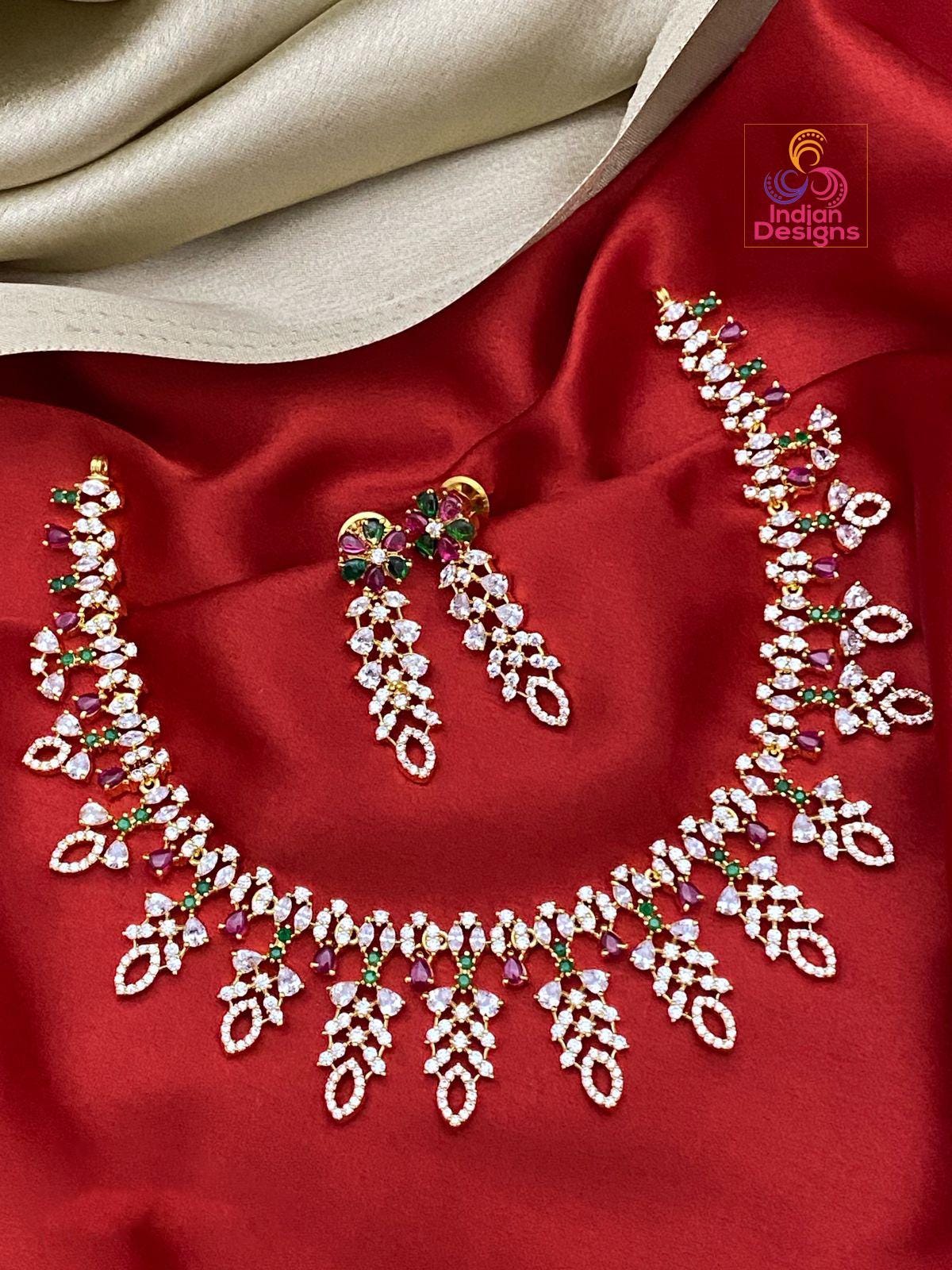 Gold Plated American Diamond Dainty Necklace and Earrings| Emerald Ruby CZ Diamond choker| Indian jewelry| Statement Necklace| Gift for her