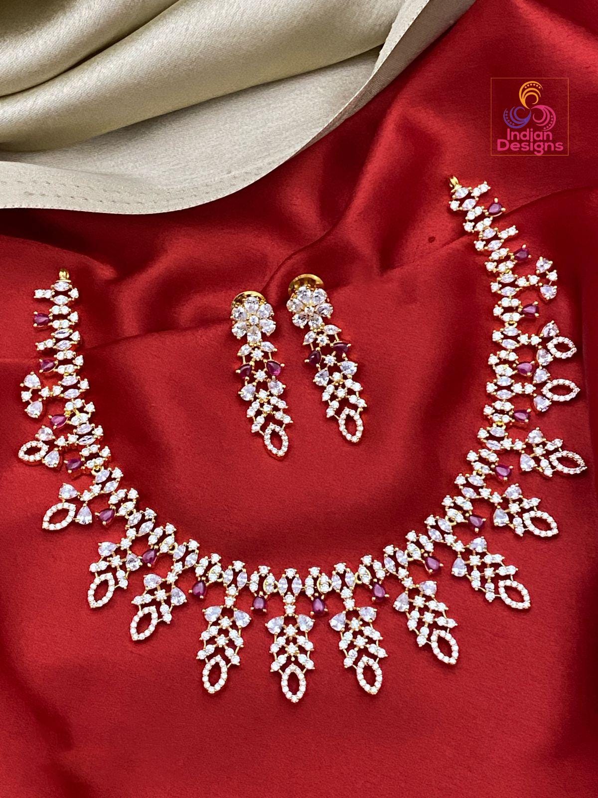 Gold Plated American Diamond Dainty Necklace and Earrings| Emerald Ruby CZ Diamond choker| Indian jewelry| Statement Necklace| Gift for her