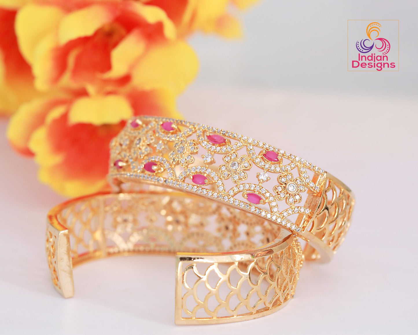 Gold-Plated Open Cuff Bangle with Floral and Ruby Accents| Filigree Design Women’s Bracelet| Statement Fashion Bangle| Luxury CZ Gold Bangle