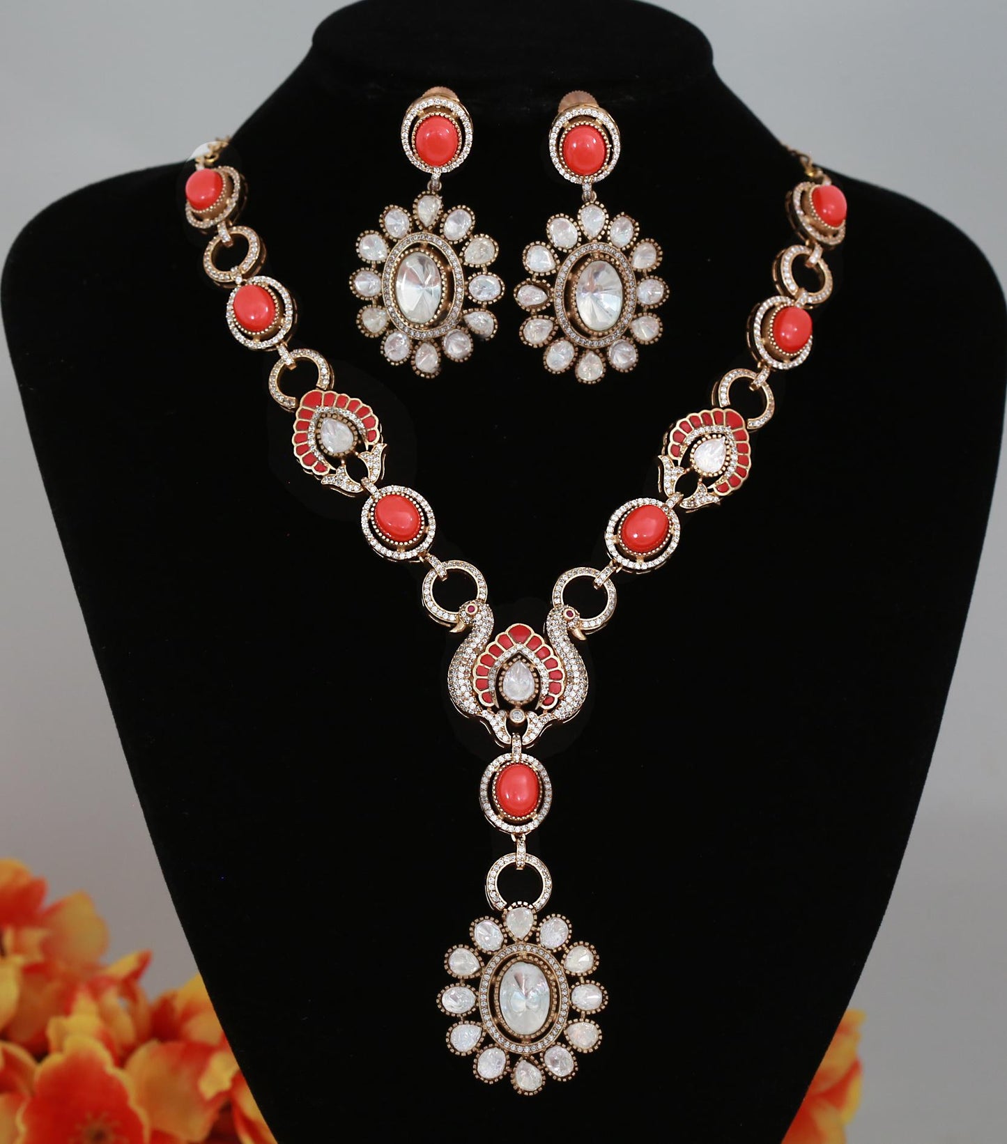Victorian Gold Red Coral Doublet stone Moissanite Polki Kundan Necklace set|Sabyasachi Inspired Jewelry| Gift for her|Statement necklace set
