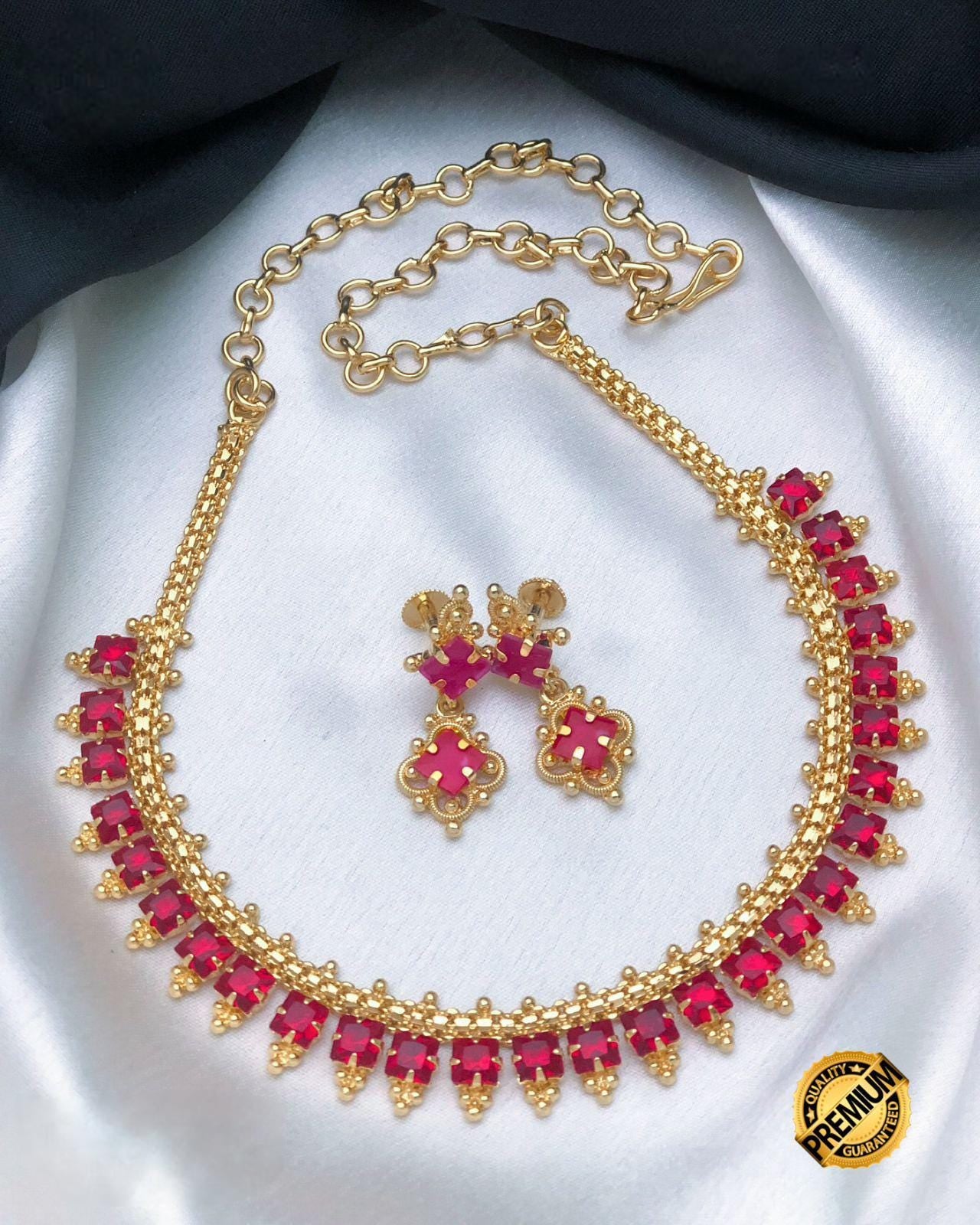 Gold Plated American Diamond Dainty Necklace and Earrings| Emerald Ruby CZ Diamond choker| Indian jewelry| Statement Necklace| Gift for her