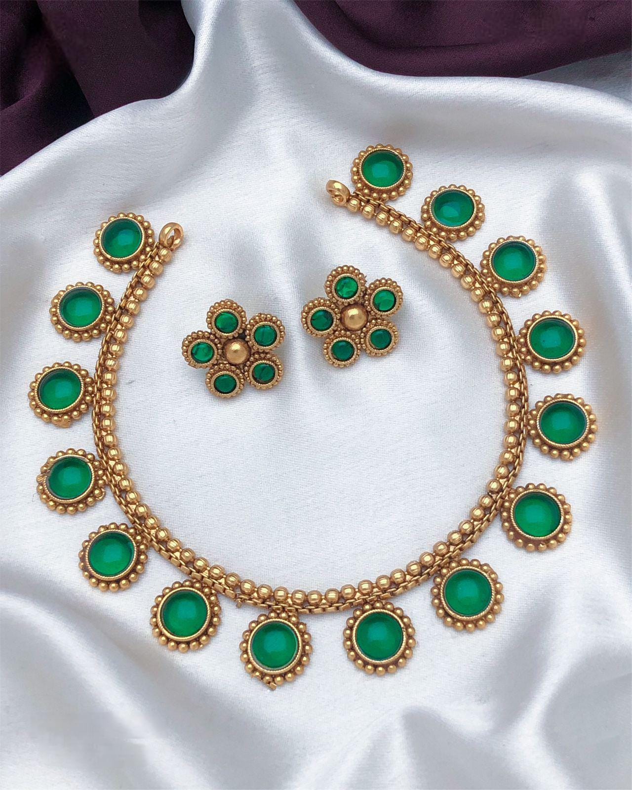 Traditional Gold-Plated Necklace Set with Red and Green Stones| Indian Temple Jewelry| Elegant Wedding Necklace with Matching Earrings
