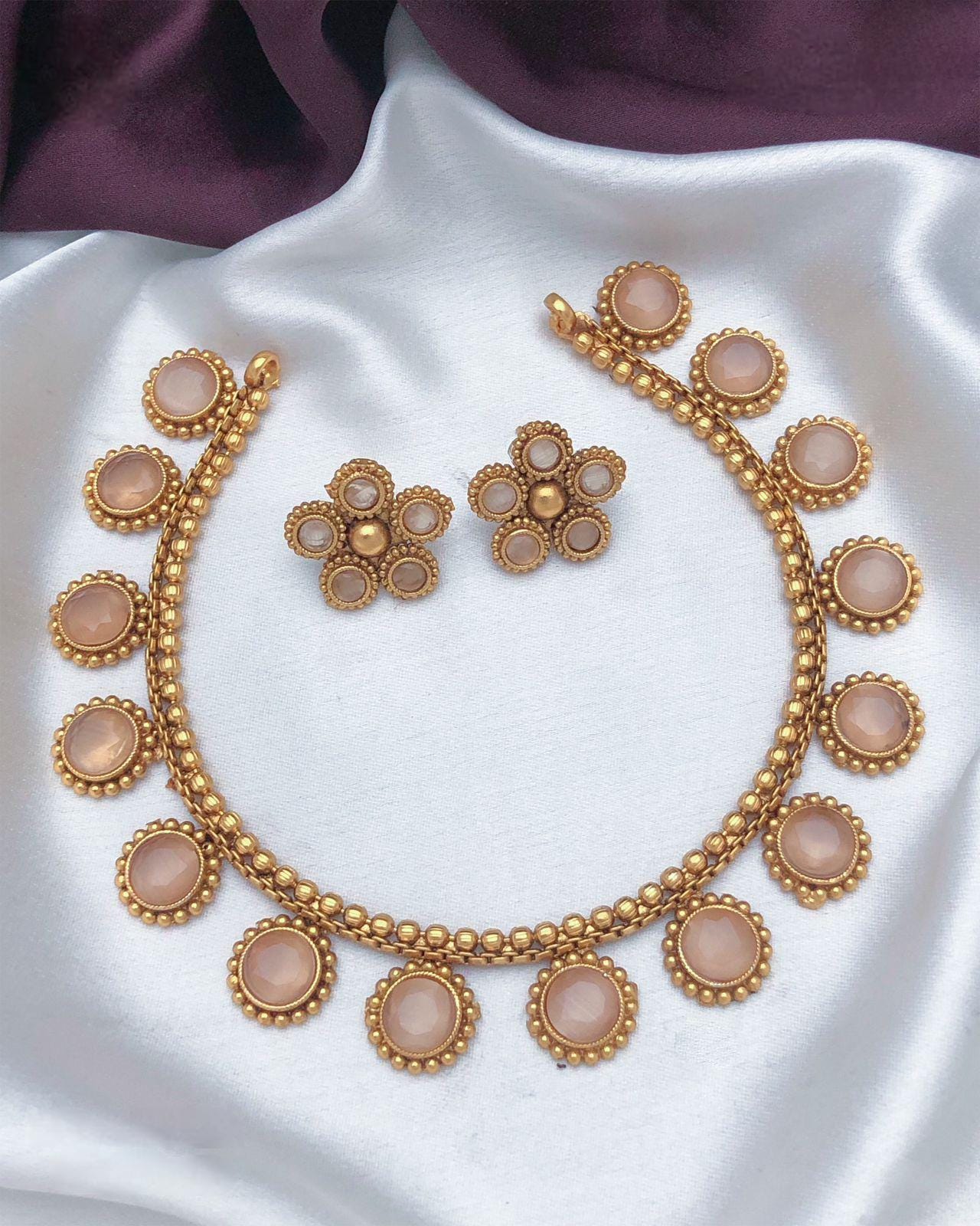 Traditional Gold-Plated Necklace Set with Red and Green Stones| Indian Temple Jewelry| Elegant Wedding Necklace with Matching Earrings