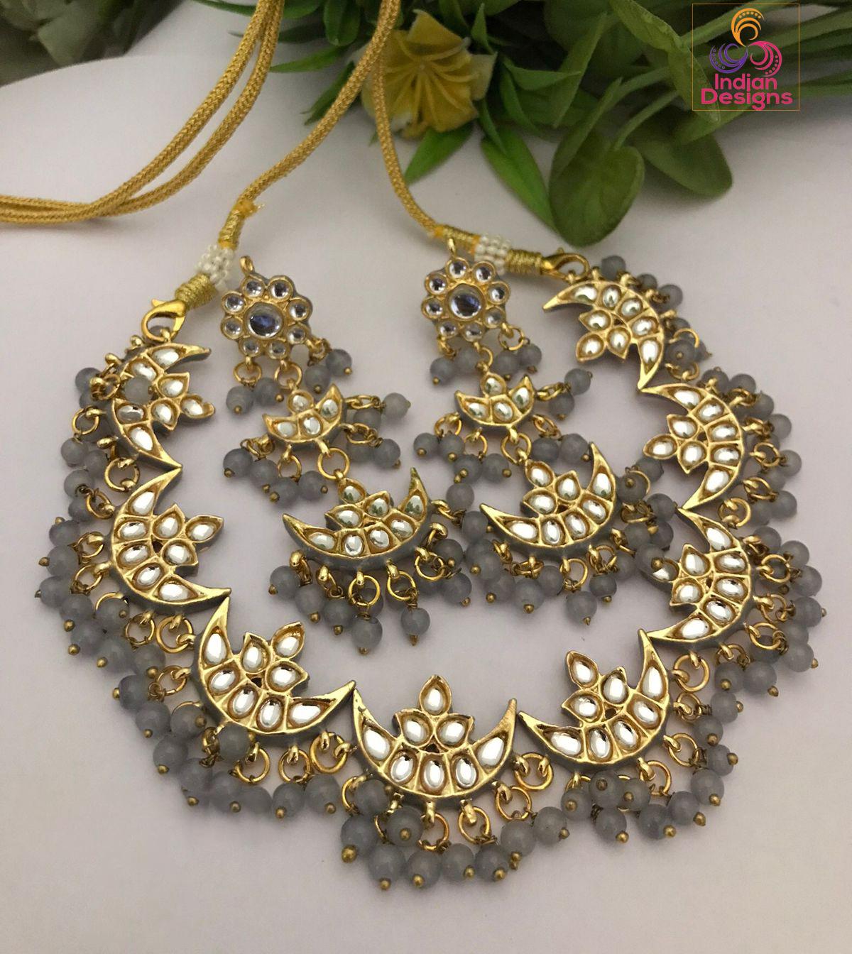 Kundan Necklace Set with Crescent Moon Design and Pearl Beads| Victorian Polki Choker Necklace set| Indian?Pakistani Jewelry| Gift for her