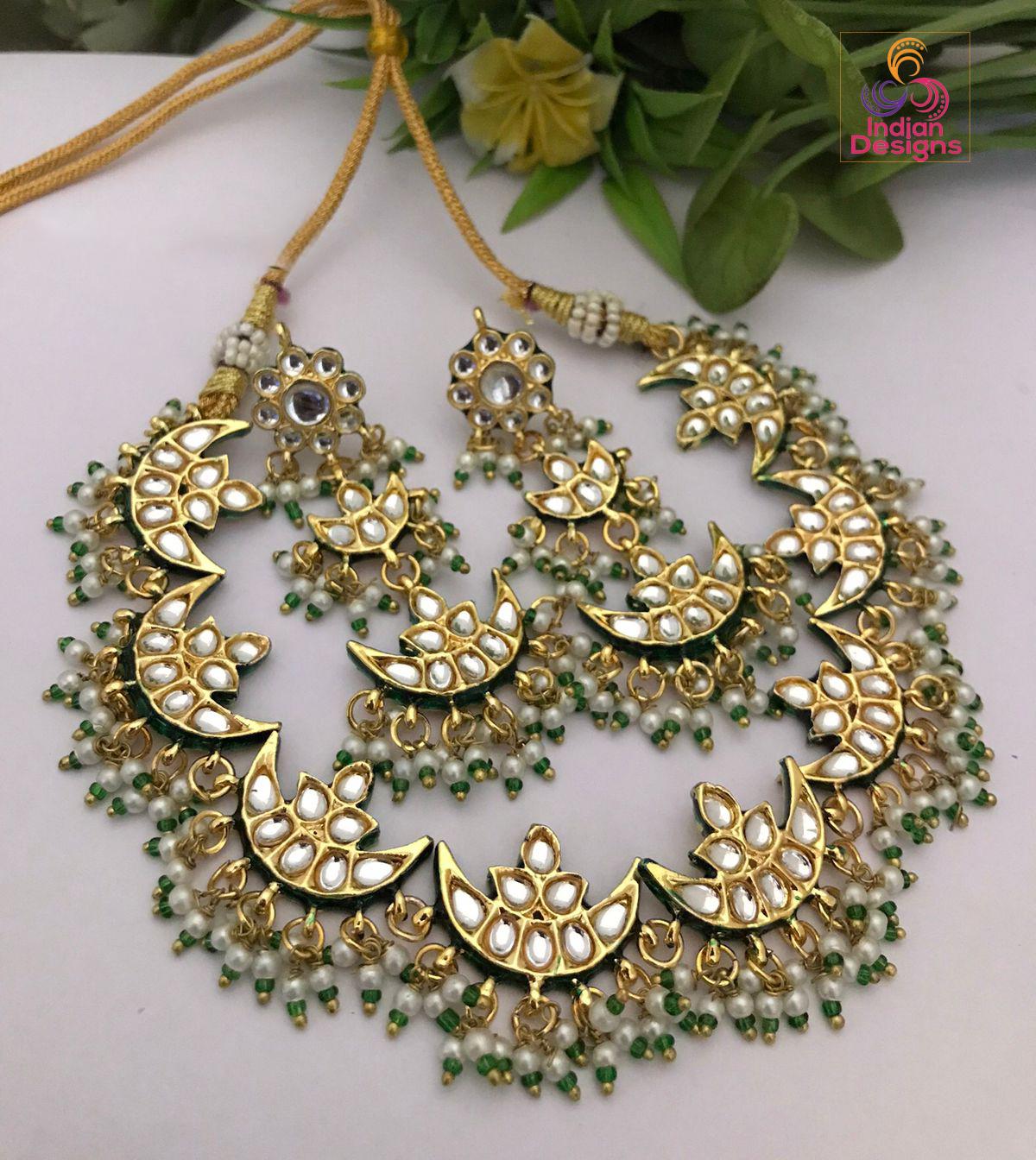 Kundan Necklace Set with Crescent Moon Design and Pearl Beads| Victorian Polki Choker Necklace set| Indian?Pakistani Jewelry| Gift for her